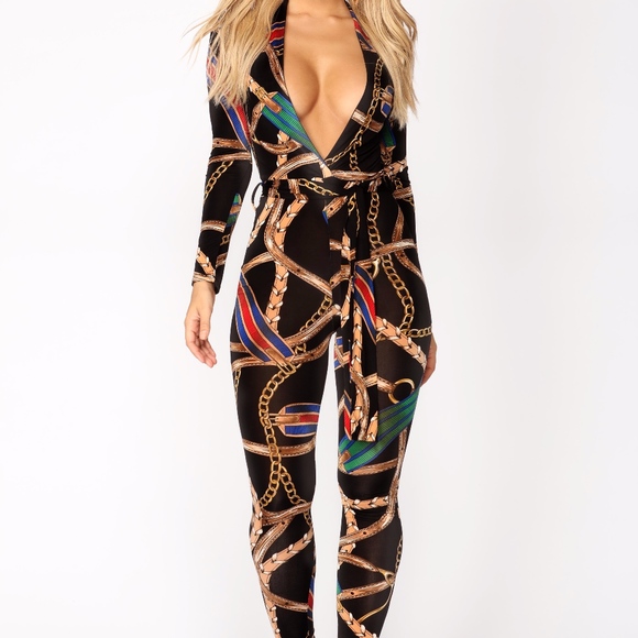 Fashion Nova Pants - FASHION NOVA CHAIN SCARF PRINT STRETCH JUMPSUIT